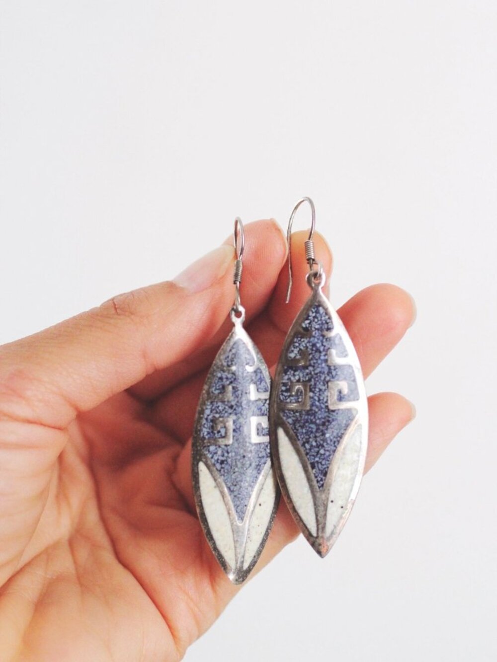 Vintage Sterling Silver Enamel Mexico Drop Dangle Earrings Geometric Southwester